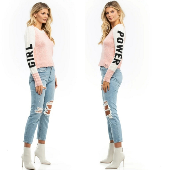 WILDFOX PINK GIRL POWER LOU INTARSIA-KNIT SWEATER EUC - Picture 12 of 16